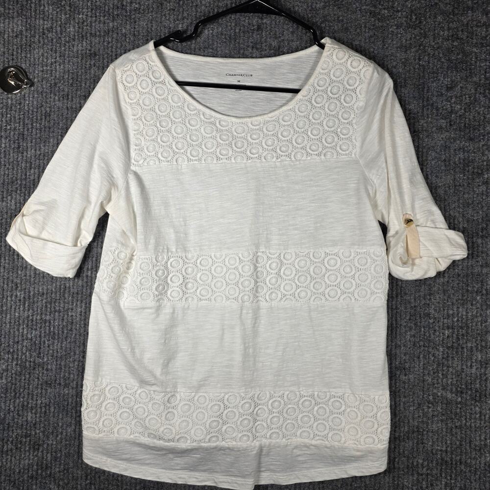 Charter Club White Cotton Lace Trim Top Medium Roll Tab Sleeve Casual Tee